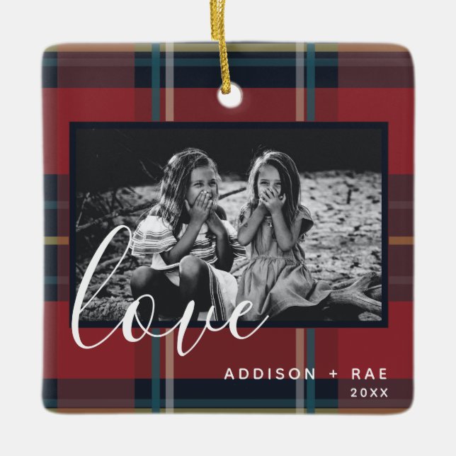 Liebe Kariert Holiday Custom Foto Red Keramikornament (Vorderseite)