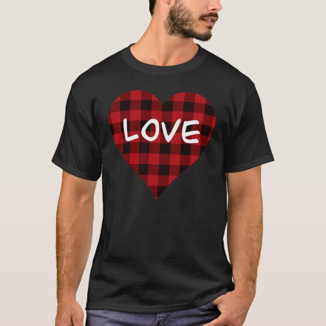Liebe, kariertes rotes Büffel, Valentinherz T-Shirt (Vorderseite)