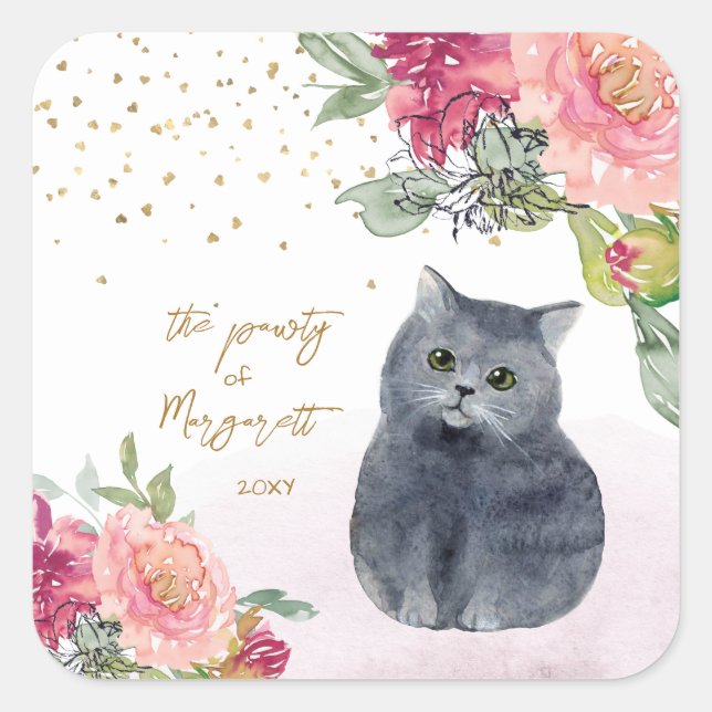 Liebe Katzen Illustration Happy Birthday Girl Part Quadratischer Aufkleber (Vorderseite)