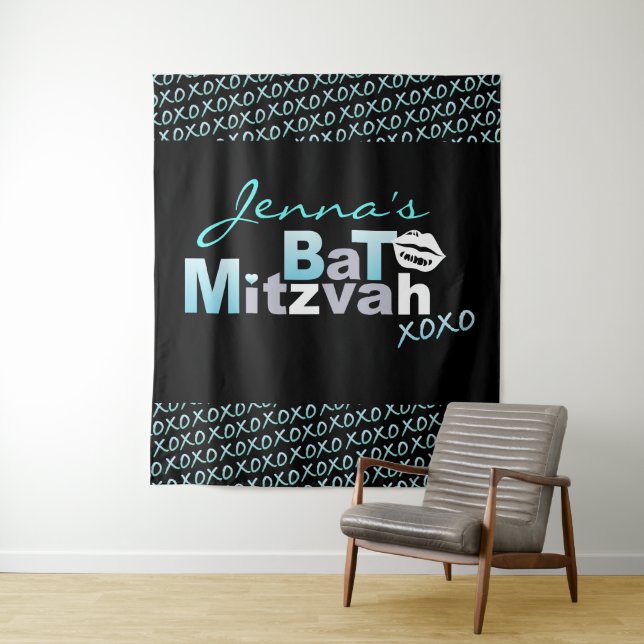 LIEBE & KISSES Aqua Bat Mitzvah Foto-Op Hintergrun Wandteppich (Beispiel)