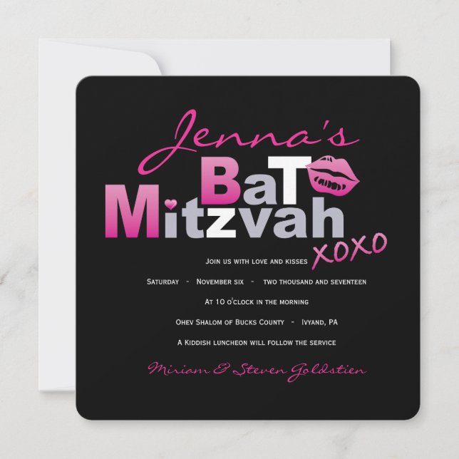 LIEBE & KISSES HOT PINK Bat Mitzvah Einladung (Vorderseite)