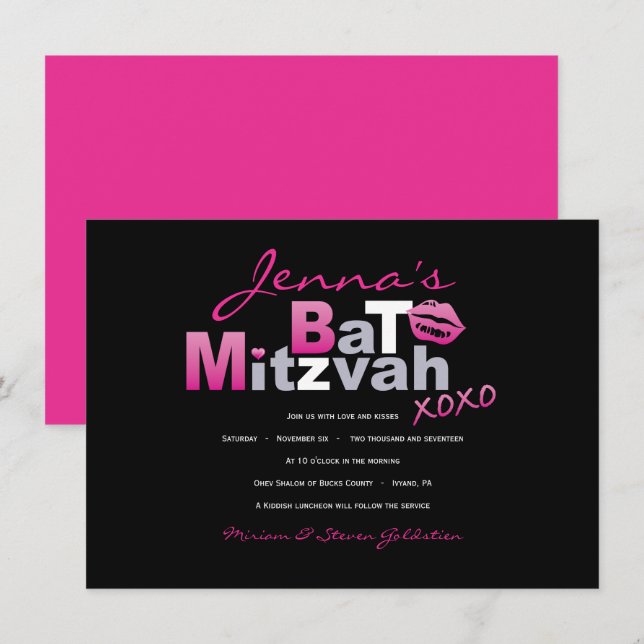 LIEBE & KISSES HOT PINK Bat Mitzvah Einladung (Vorne/Hinten)