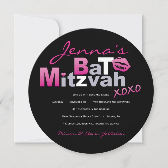 LIEBE & KISSES HOT PINK Bat Mitzvah Einladung (Vorderseite)
