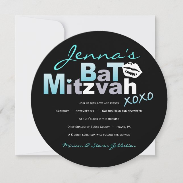 LIEBE & KISSES Türkis Bat Mitzvah Einladung (Vorderseite)