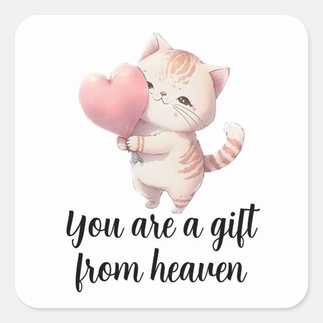 Liebe Kitten Valentines Pink Heart Wasserfarbe Kat Quadratischer Aufkleber (Vorderseite)