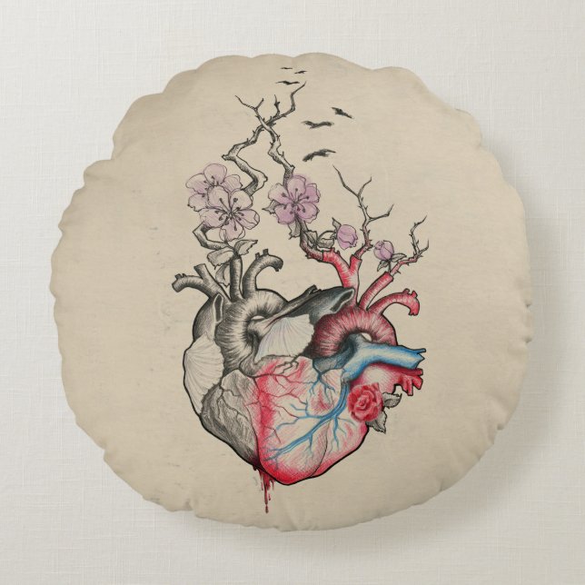 Liebe Kunst Surreal Anatomische Herzen Blume Vinta Rundes Kissen (Vorderseite)