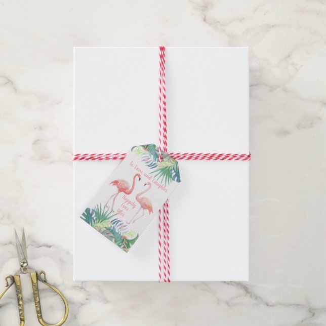 Liebe Lachen glücklich immer danach. Pink Flamingo Geschenkanhänger (Mit Garn)