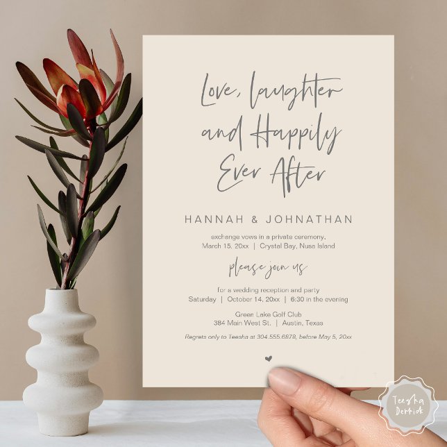 Liebe, Lachen, Schwarz, Hochzeitsfeier Party Einladung (Love Laughter Happily Ever After Wedding Elopement Dinner Party Invitation Card, PDF, Cream Grey)