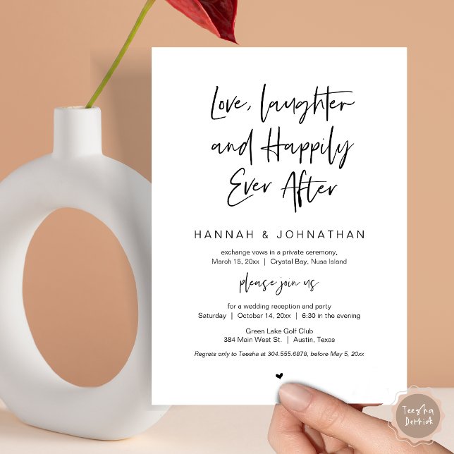 Liebe, Lachen, Schwarz, Hochzeitsfeier Party Einladung (Love Laughter Happily Ever After Wedding Elopement Dinner Party Invitation Card, PDF, White Black)