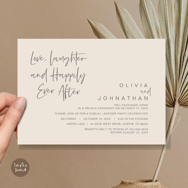 Liebe, Lachen und Glück danach, Entwicklung I Einladung (Love, Laughter and Happily Ever After, Wedding Elopement Dinner Invitation Card, Cream Dark Grey)