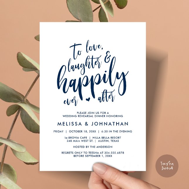 Liebe Lachen und glücklich immer danach Einladung (To Love Laughter and Happily Ever After, Wedding Rehearsal Dinner Invitation Card, PDF, Navy Blue)
