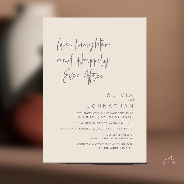 Liebe, Lachen und glücklich immer, modern Einladung (Love, Laughter and Happily Ever After, Modern Boho Wedding Invitation Card PDF Cream Grey)