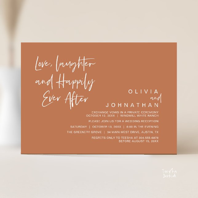Liebe, Lachen und glücklich immer, modern Einladung (Love, Laughter and Happily Ever After, Modern Boho Wedding Invites Card PDF Brown Copper Terracotta)
