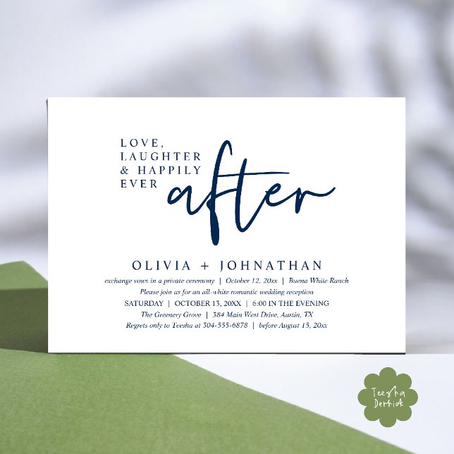Liebe, Lachen und glücklich immer nach dem Empfang Einladung (Love, Laughter And Happily Ever After Reception Modern Minimalist Invitation Card PDF Navy Blue)