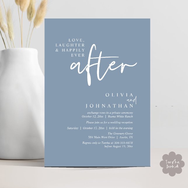 Liebe, Lachen und glücklich immer nach dem Empfang Einladung (Love, Laughter And Happily Ever After Reception Modern Minimalist Invitation Card PDF Dusty Blue)