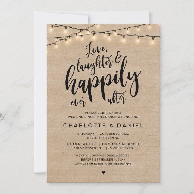 Liebe, Lachen und glücklich immer nach, Hochzeit Einladung (Vorderseite)