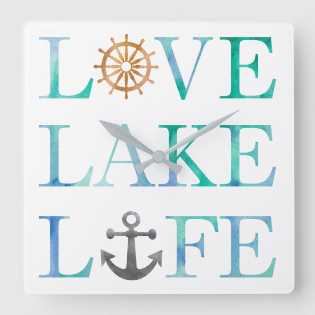 Liebe Lago Nautische Typografie Wasserfarbe Quadratische Wanduhr (Vorderseite)