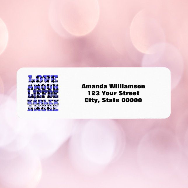 Liebe Languages Blue Personalize Rücksendeadresse (A return address label that says love with blue hearts along with text you can personalize!)