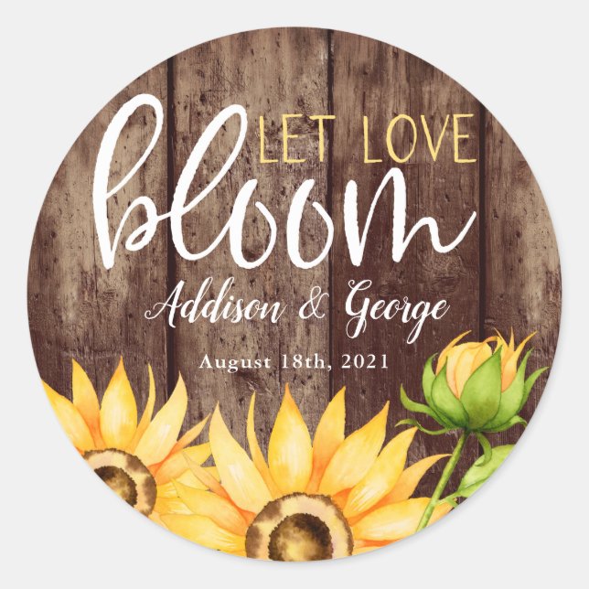 Liebe lass Sonnenblumen Gastgeschenk Hochzeit Runder Aufkleber (Vorderseite)
