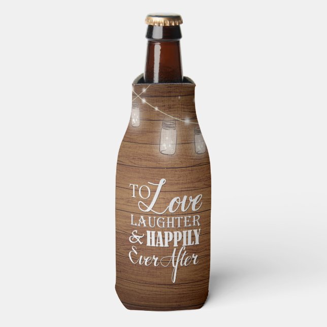 Liebe Laughter Barn Wood Mason Jar Gastgeschenk Ho Flaschenkühler (Flaschenvorderseite)