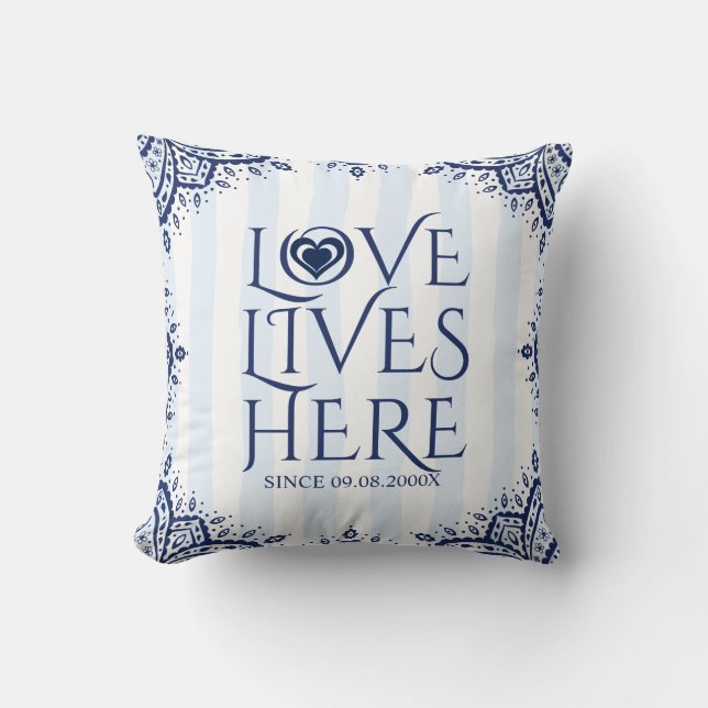Liebe lebt hier navy Blue Frame & Heart Kissen (Vorderseite)