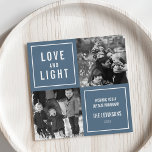 Liebe & Licht Modernes Hanukkah-Foto Feiertagskarte<br><div class="desc">Zeige deine quadratischen Fotos in dieser einfachen,  modernen Hanukkah-Fotokarte ab. Das Design besteht aus vier quadratischen Layouts mit blauem Hintergrund und "Liebe und Licht" in modernen weißen Blockbuchstaben. Verwenden Sie die zwei anpassbaren Textfelder,  um einen benutzerdefinierten Gruß und Ihren Familiennamen hinzuzufügen. Fotografie © Storytree Studios,  Stanford,  CA</div>