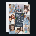 Liebe, Licht und Gitter | Hanukkah Foto Collage Feiertagskarte<br><div class="desc">Die Hanukkah Fotokarte bietet acht Fotos,  die in einer Collage angeordnet sind. "Liebe,  Licht,  Latkes" erscheint in der Mitte in weißer Schrift auf einem dunkelblauen Hintergrund mit Sternen. Personalisieren Sie mit Ihren Namen und das Jahr.</div>