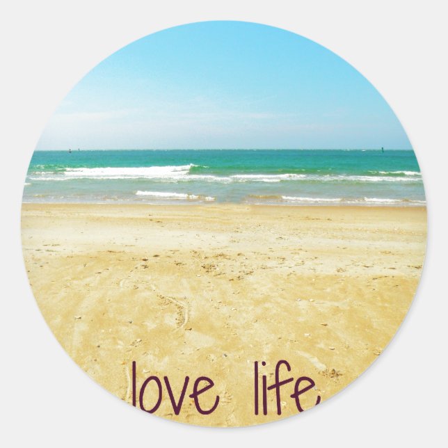Liebe Life Zitat mit Strand Szene Runder Aufkleber (Vorderseite)