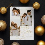 Liebe Light Joy Star David Hanukkah 3 Foto Collage Folien Feiertagskarte<br><div class="desc">Elegante Hanukkah drei Foto Collage Karte mit einem eleganten Typografie-Design "Liebe Joy Light" in Gold. Die glühenden goldenen Sterne schaffen den Stern von David. Kunstwerk von Moodthology Papery.</div>