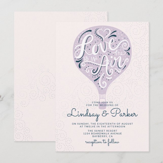 Liebe Lila Heißluftballon Hochzeit Einladung (Vorne/Hinten)