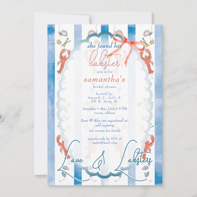 Liebe & Lobster Coquette Bow Wedding Brautparty Einladung (Vorderseite)
