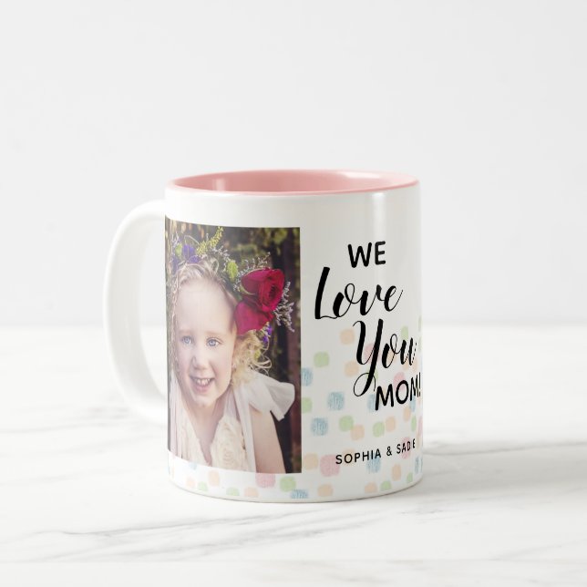 Liebe Mama 2 Foto Pastellpunkte Zweifarbige Tasse (Vorderseite Links)