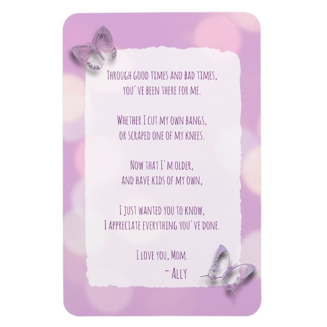 Liebe Mama, Gedicht, Lila Schmetterlinge Magnet (Vertikal)