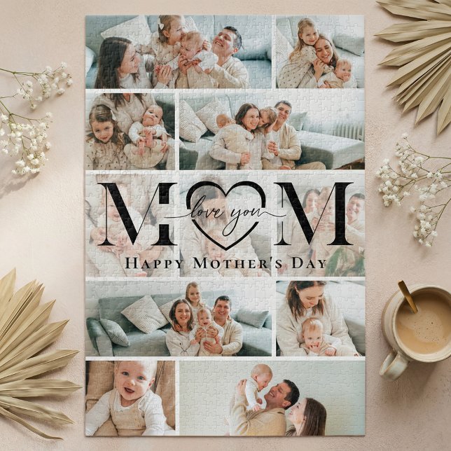 Liebe Mama Herz Foto Collage Muttertag (Love You Mom Heart Photo Collage Mother's Day Jigsaw Puzzle)