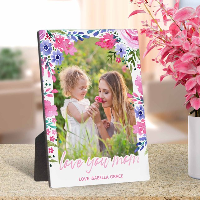 Liebe, Mama Mütter Tag Wasserfarbe Fotoplatte (Love you mom Mothers Day Watercolor Floral Plaque)