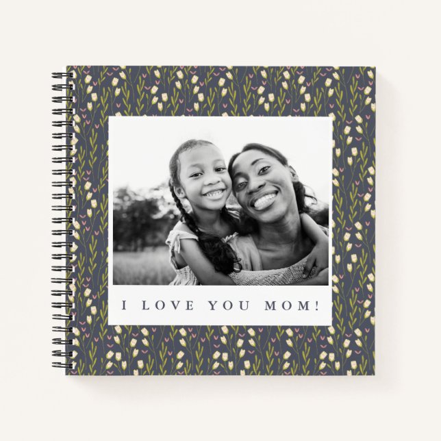 Liebe Mama Navy Floral Script Foto Schreiben Notizbuch (Vorderseite)