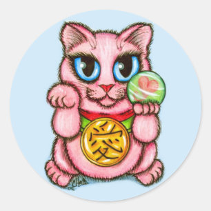LIEBE Maneki Neko viel Glück-Katzen-niedlicher Runder Aufkleber