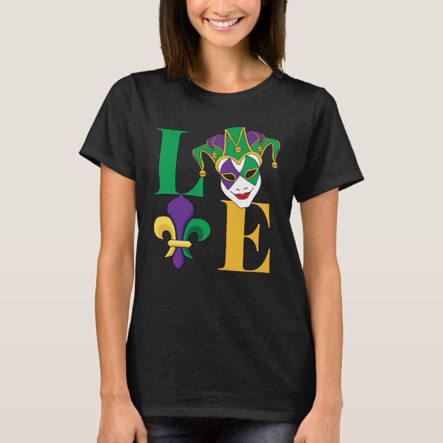 Liebe Mardi Gras Jester Fleur-de-Lis T-Shirt (Vorderseite)