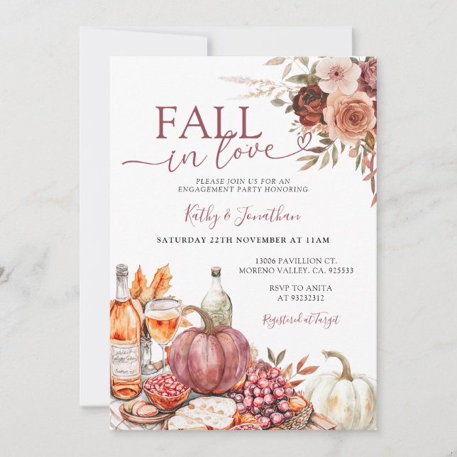 Liebe Marsala Floral Pumpkin Verlobung Einladung (Vorderseite)