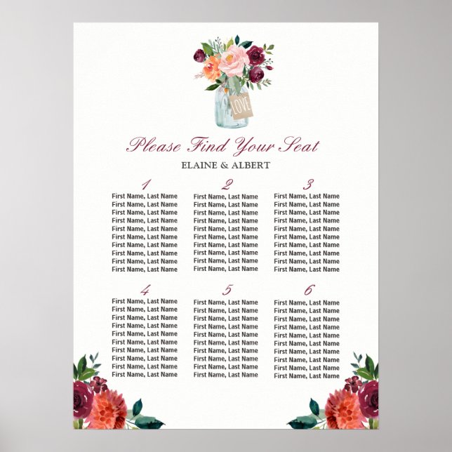 Liebe Mason Jar 6 Tische Hochzeitskarte Poster (Vorne)