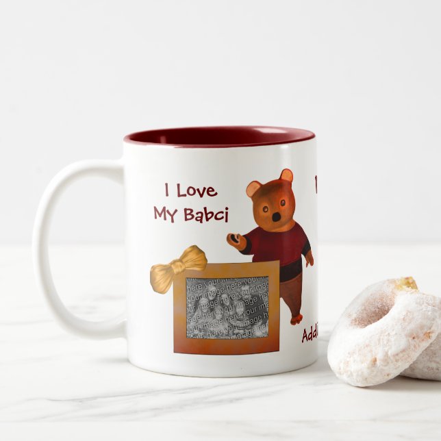 Liebe Mein Babci Niedlicher Bär Polnische Großmutt Zweifarbige Tasse (Mit Donut)