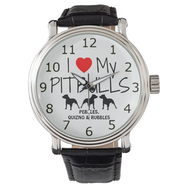 Liebe meine DREI Pitbullen Armbanduhr (Vorderseite)