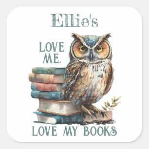 Liebe mir Liebe meine Bücher Owl Buchzeichen Quadratischer Aufkleber
