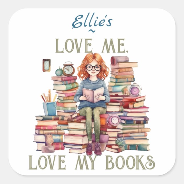 Liebe mir Liebe meiner Bücher Buchzeichen stapeln Quadratischer Aufkleber (Vorderseite)