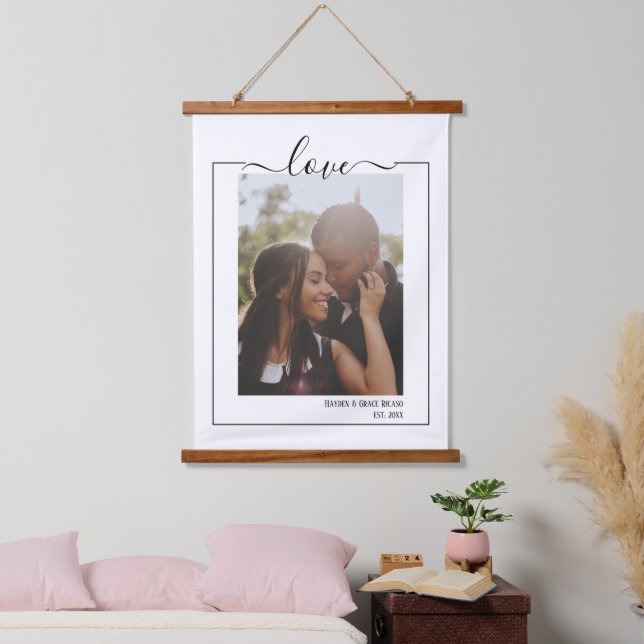 Liebe mit personalisiertem Foto Typografie Wandteppich Mit Holzrahmen (Schlafzimmer)