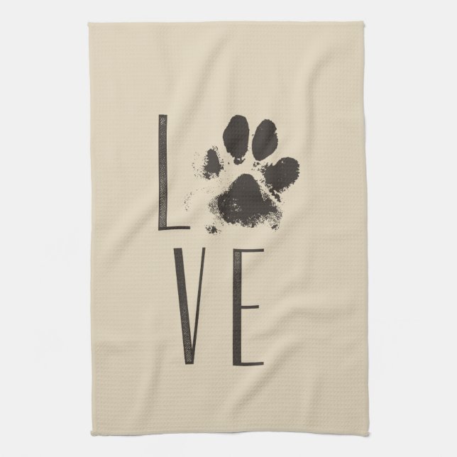 Liebe mit Pet Paw Print Brown Grunge Typografie Geschirrtuch (Vertikal)