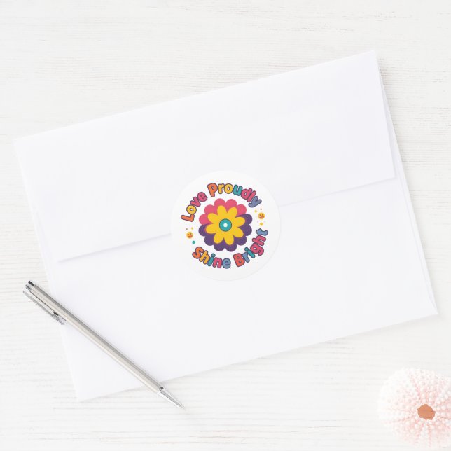 Liebe mit Stolz, strahle hell – Bunte Blumen-Pride Runder Aufkleber (Umschlag)