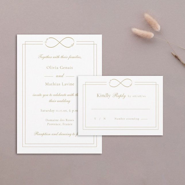 Liebe Mongram Gold Borders White Wedding RSVP Karte (Von Creator hochgeladen)