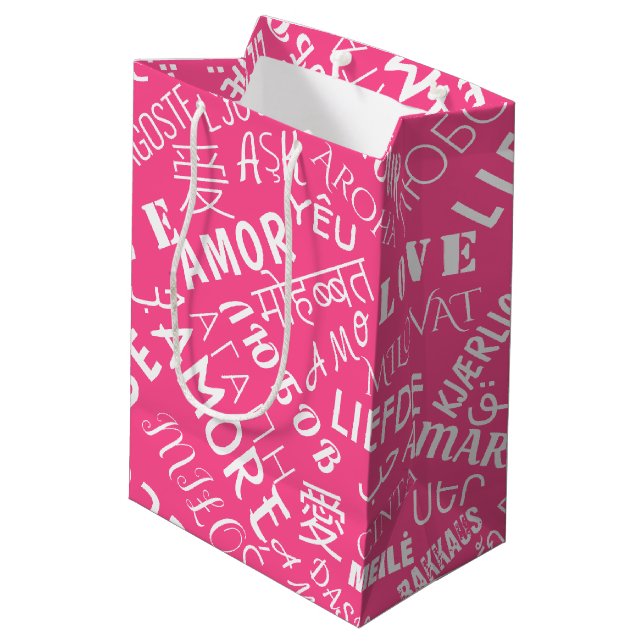 LIEBE - Multi Language - Customizable Internationa Mittlere Geschenktüte (Rückseite Schrägansicht)