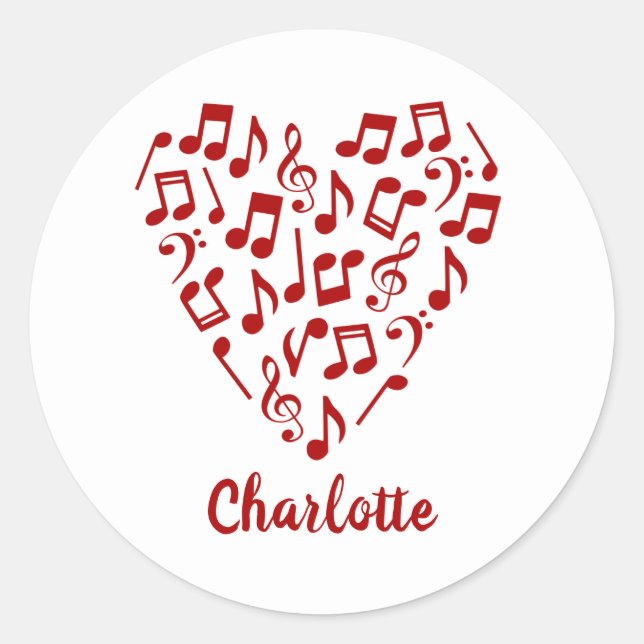 Liebe Music Heart of Red Musiknotens with Name Runder Aufkleber (Vorderseite)